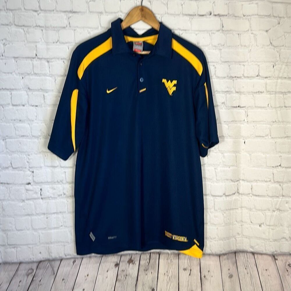 Nike Mens West Virginia Mountaineers Polo Shirt Sz M Dri Fit Blue‎ Gold Football